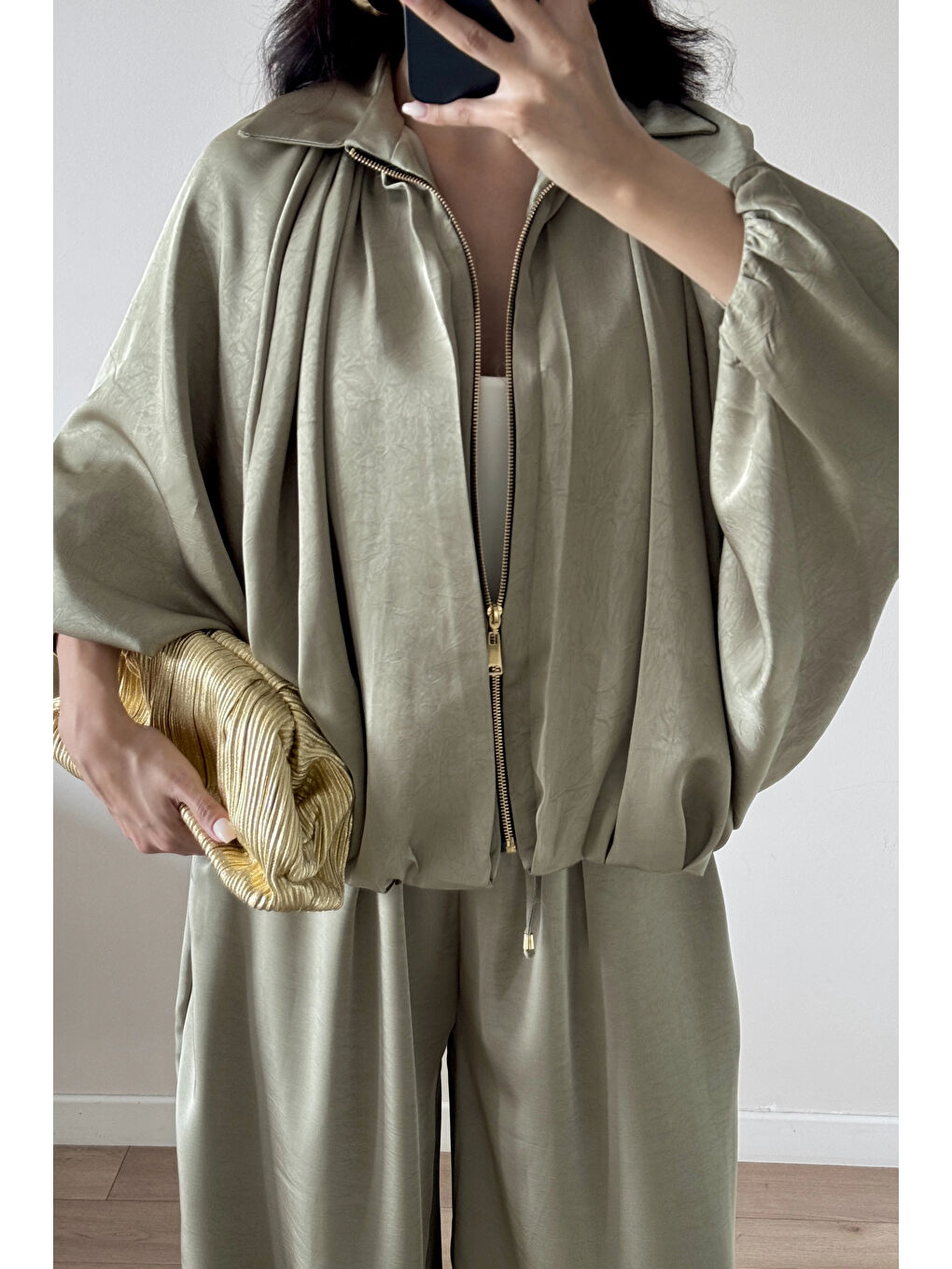 Yeşil Kadın Çağla Saten Bomber Ceket Pantolon Takım 1046-9584-4