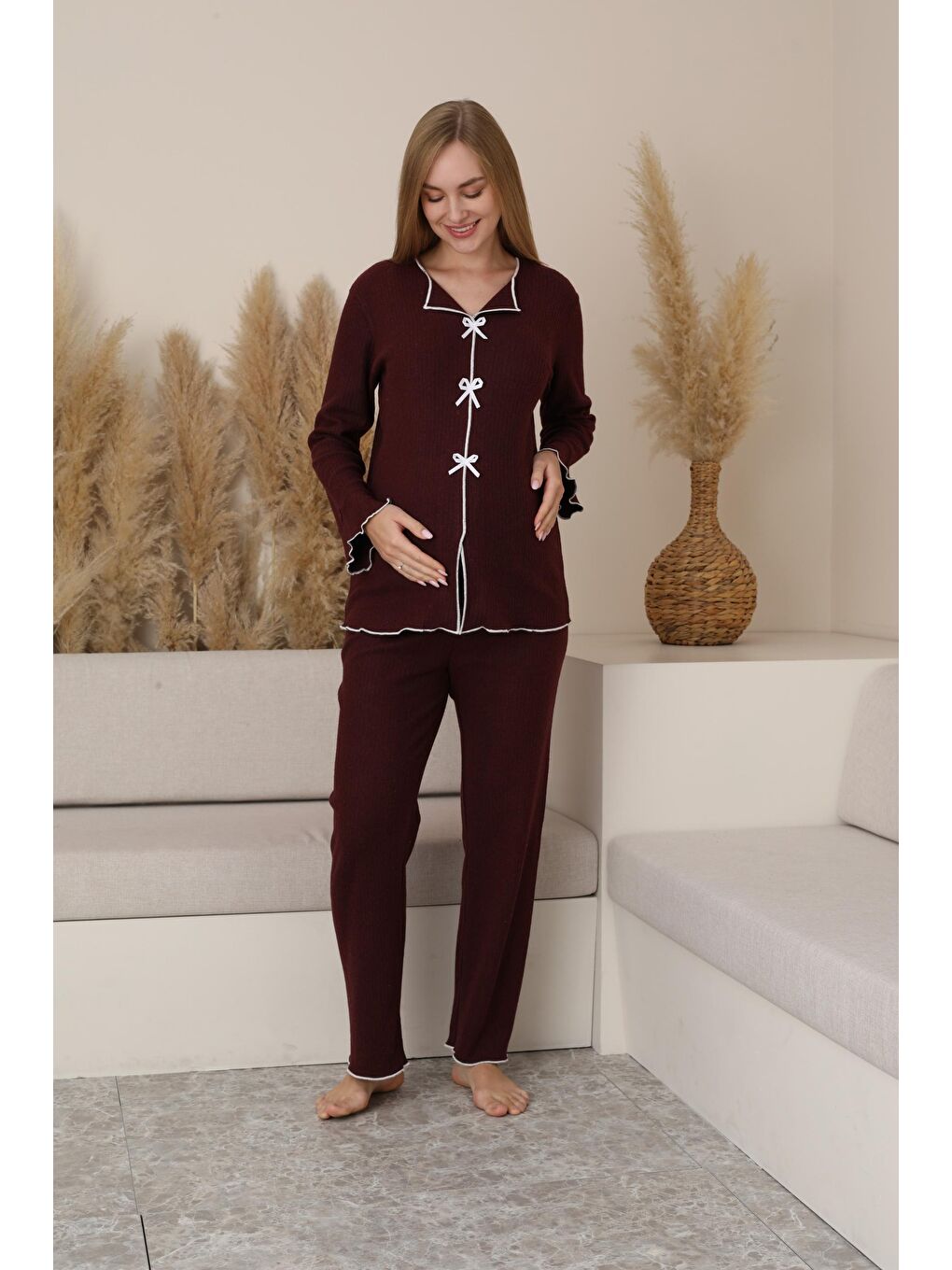 Bordo Hamile ve Lohusa Uzun Kollu Yumoş Kumaş Fiyonklu Bel Ayarlı Pijama Takımı-4