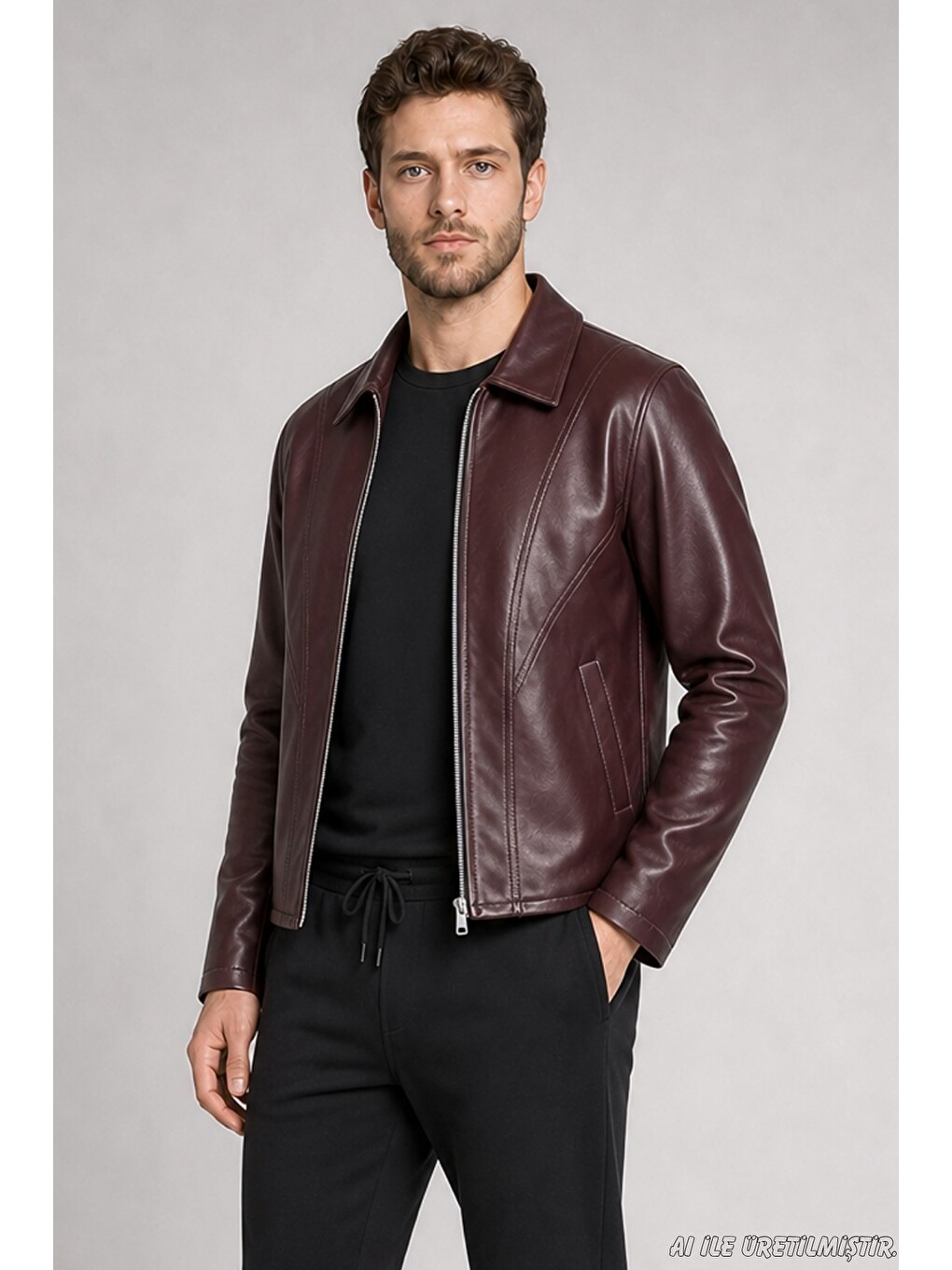 Bordo Erkek Fermuarlı Regular Fit İçi Kürklü Suni Deri Ceket-2