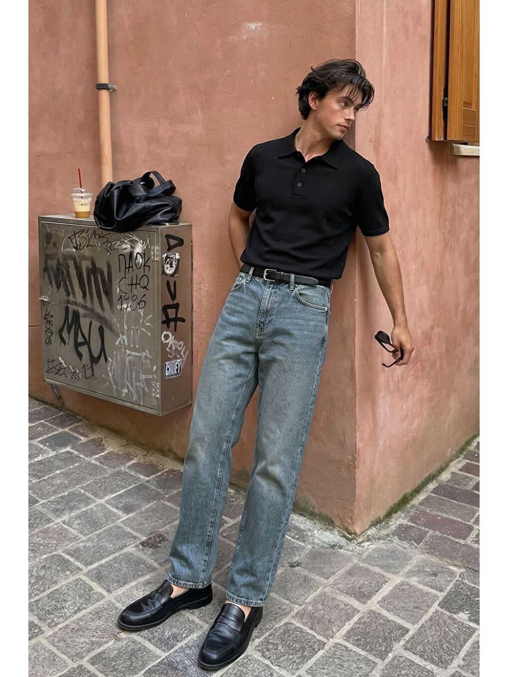 Erkek Relaxed Fit Basic Polo Yaka T-Shirt Siyah-2