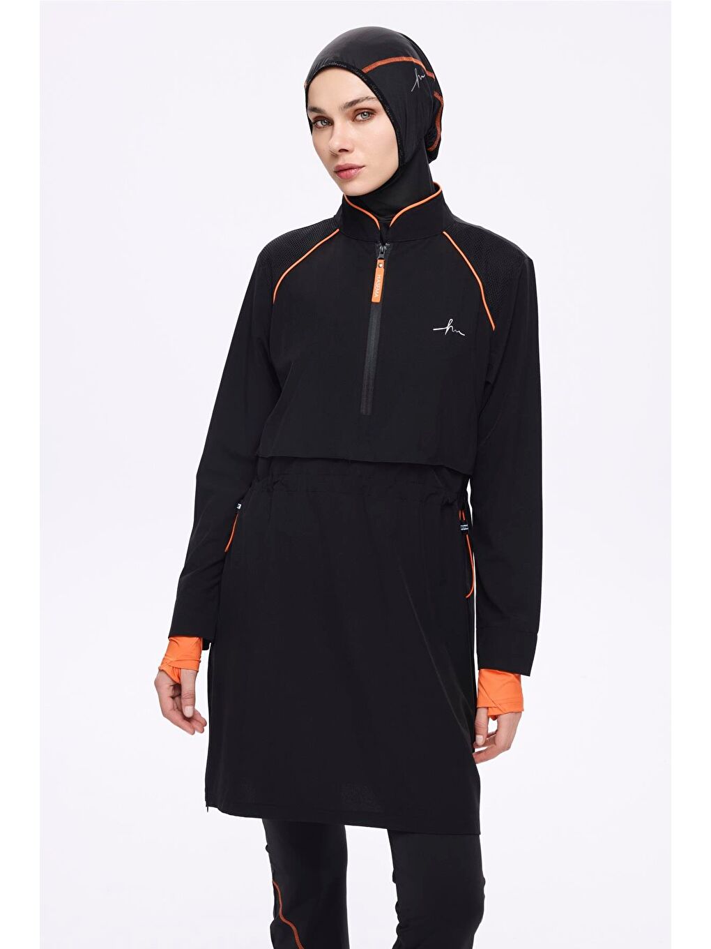 Performans Serisi Turuncu Biyeli Siyah 5 Parça Tam Tesettür Mayo Takımı 2019-1