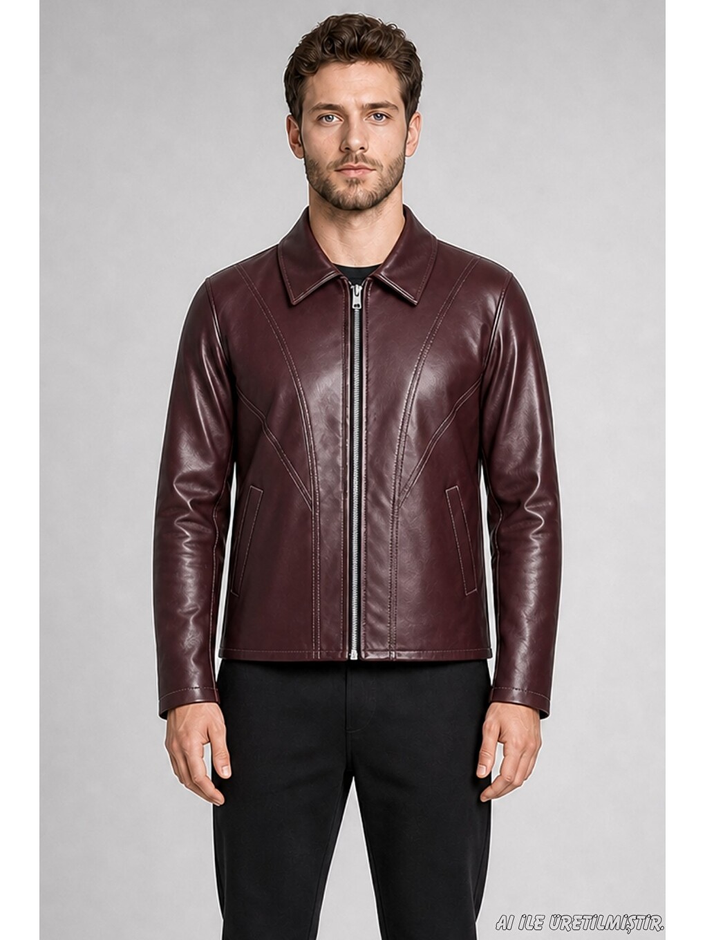 Bordo Erkek Fermuarlı Regular Fit İçi Kürklü Suni Deri Ceket-3