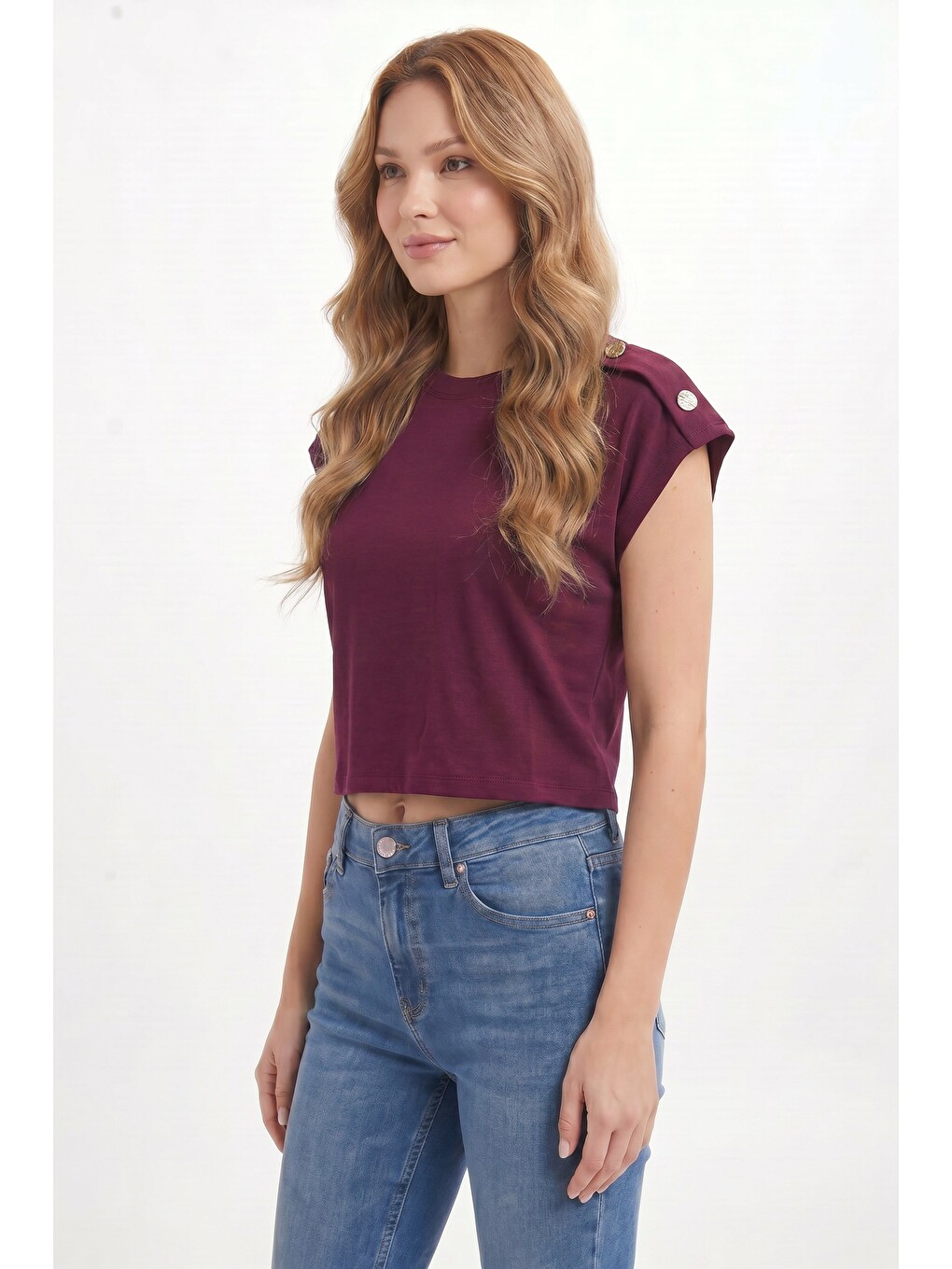 Kadın Oversize Geniş Kesim Bisiklet Yaka Omzu Düğmeli Elastanlı Bordo Viskon Bluz-2