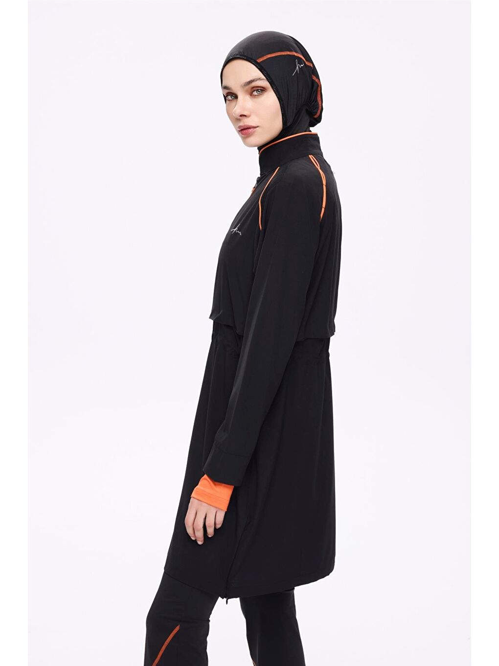 Performans Serisi Turuncu Biyeli Siyah 5 Parça Tam Tesettür Mayo Takımı 2019-2