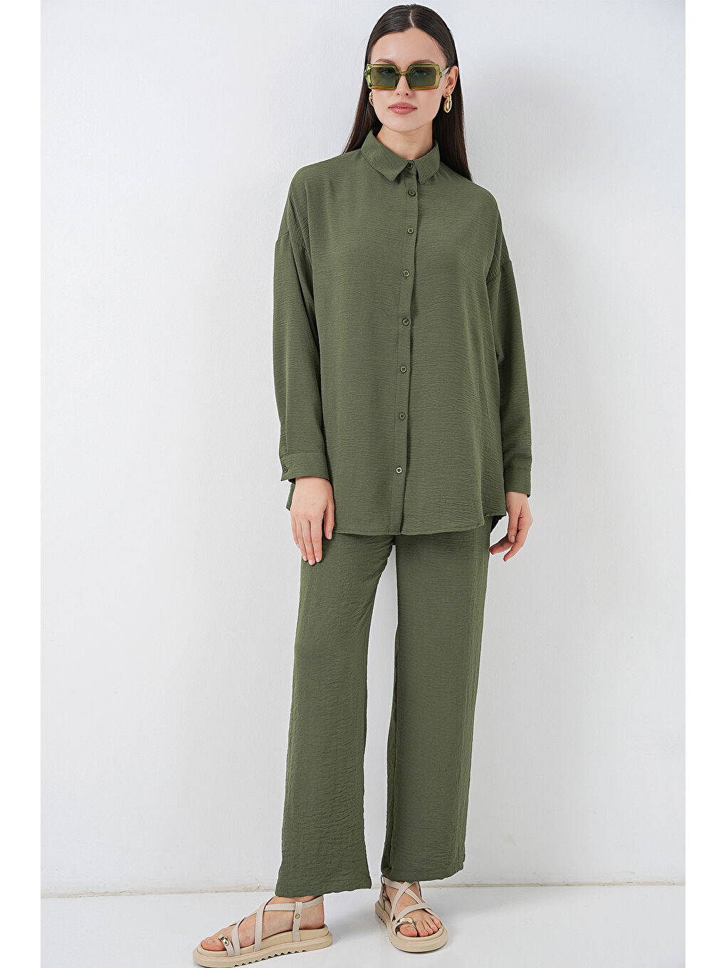 Kadın Gömlek Pantolon İkili Takım 30063 - Haki-4