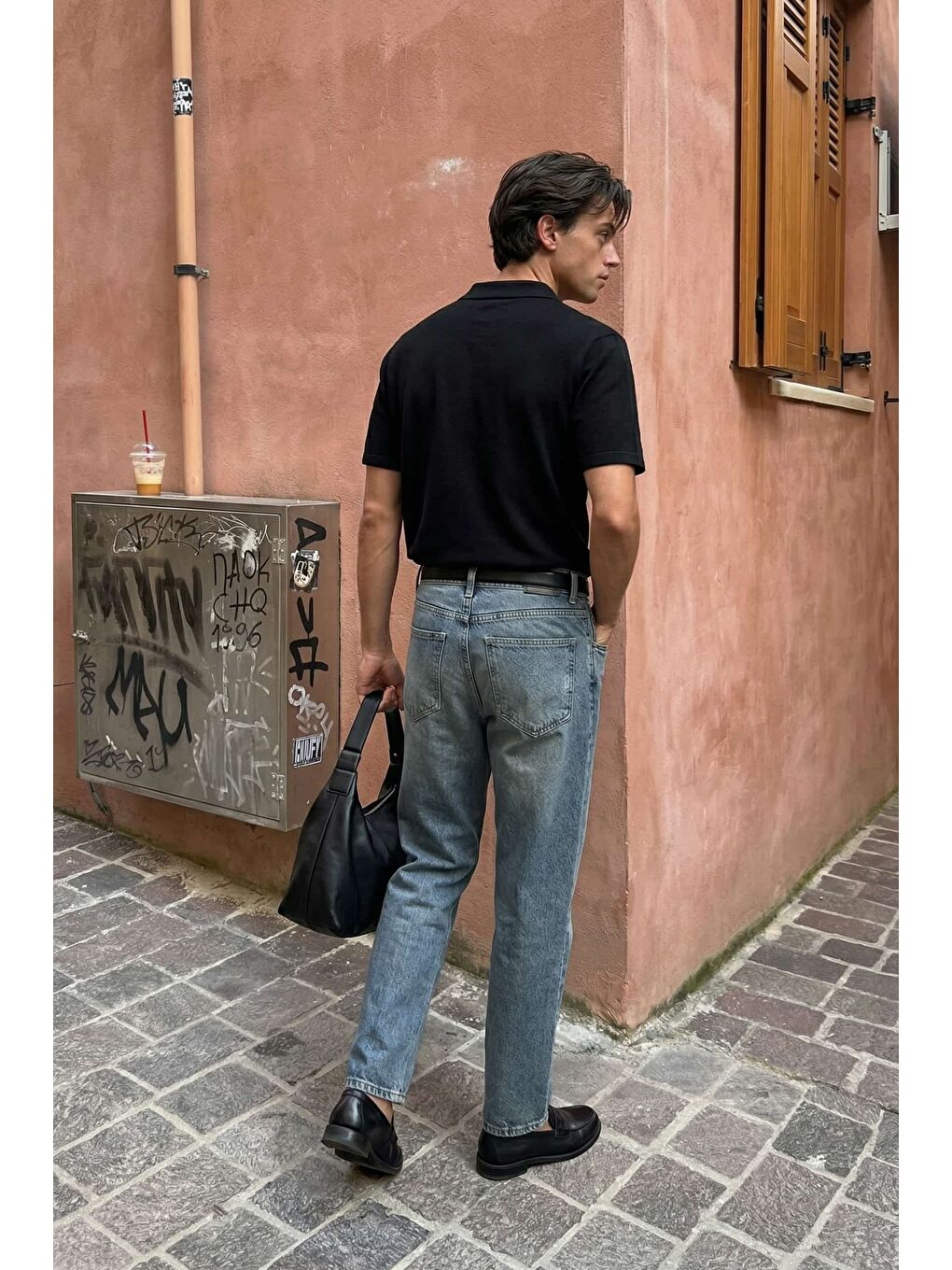 Erkek Relaxed Fit Basic Polo Yaka T-Shirt Siyah-3