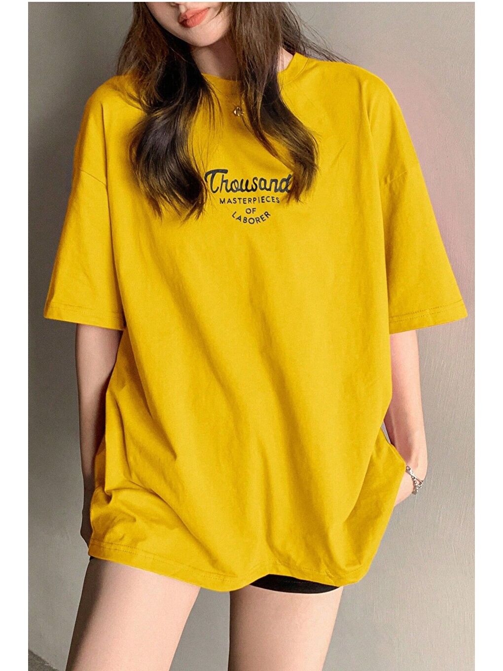 Kadın Sarı Bisiklet Yaka Thousand Baskılı Oversize T Shirt