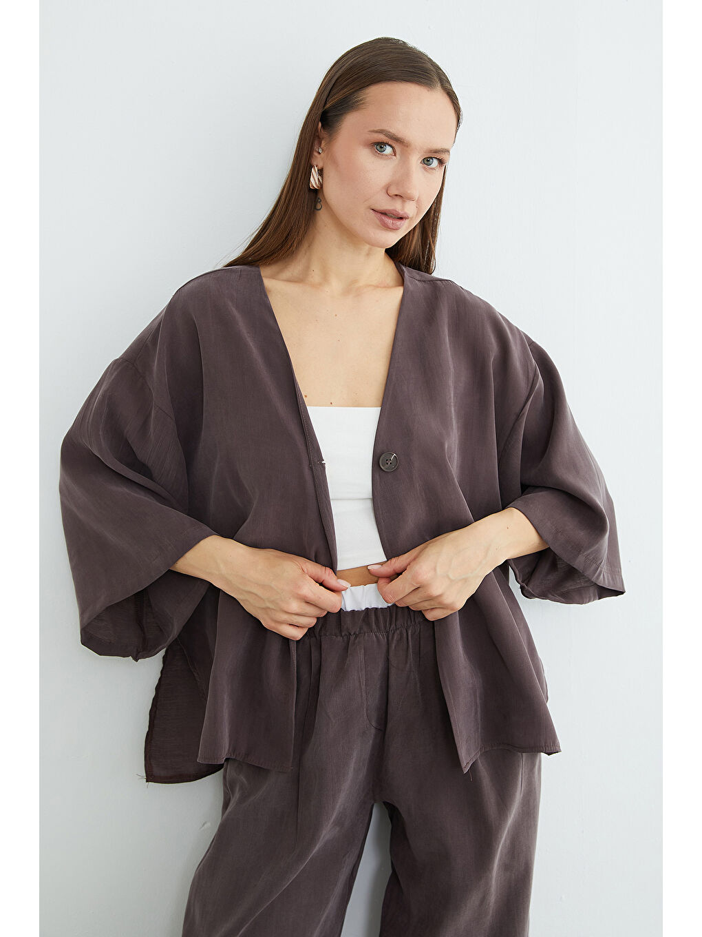Kahverengi Tek Düğmeli Lyocell Kumaş Oversize Ceket