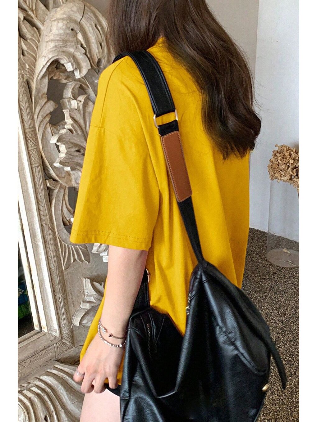 Kadın Sarı Bisiklet Yaka Thousand Baskılı Oversize T Shirt-1