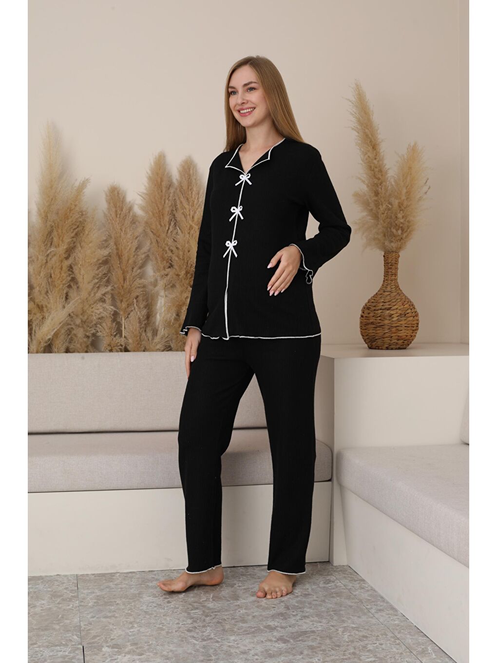 Siyah Hamile ve Lohusa Uzun Kollu Yumoş Kumaş Fiyonklu Bel Ayarlı Pijama Takımı-4