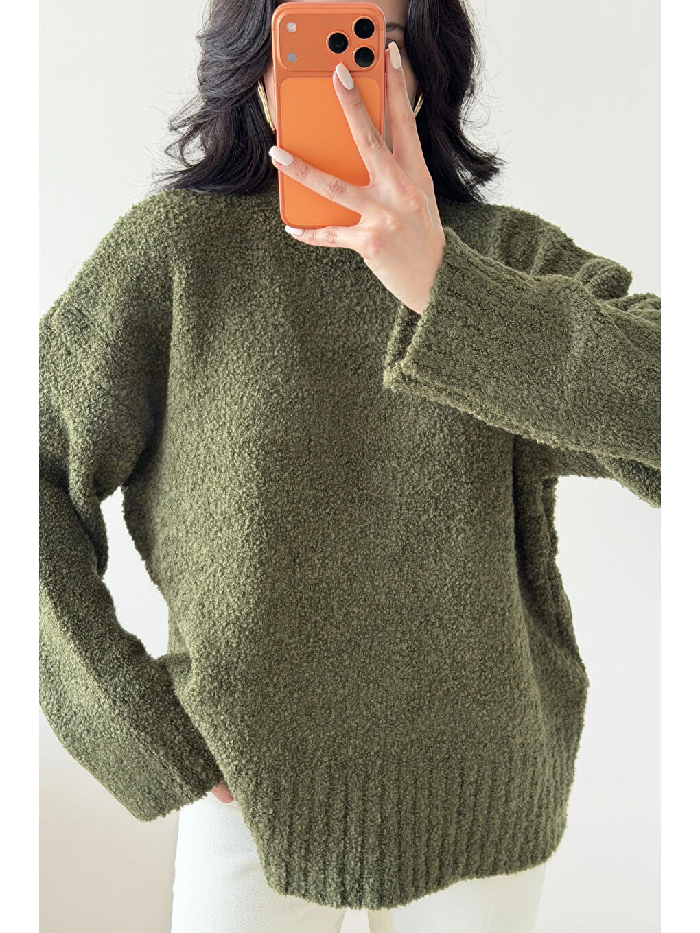 Kadın Haki Oversize Buklet Kazak 1014-2347