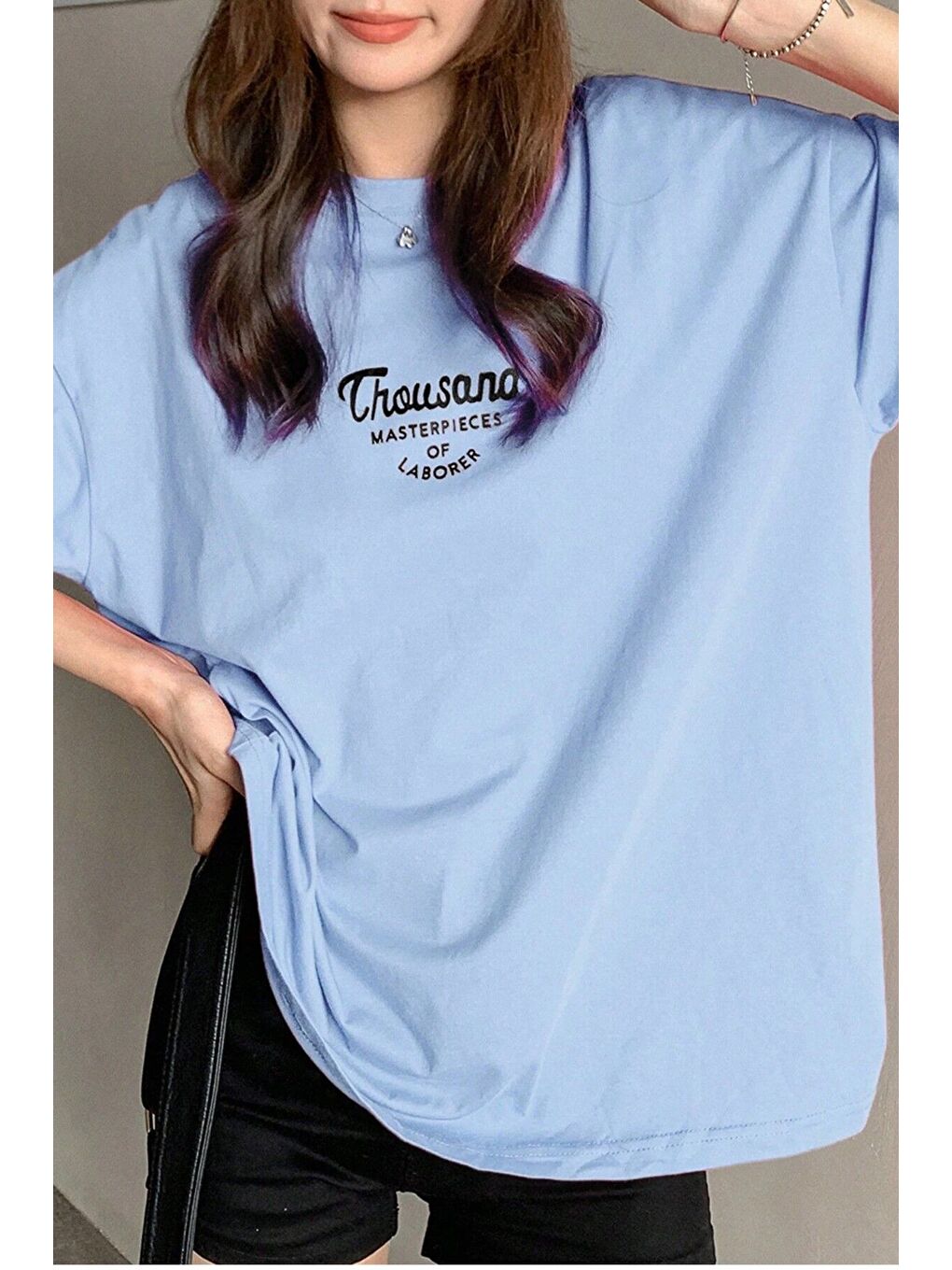 Mavi Kadın BEBEK MAVİSİsi Bisiklet Yaka Thousand Baskılı Oversize T Shirt-3