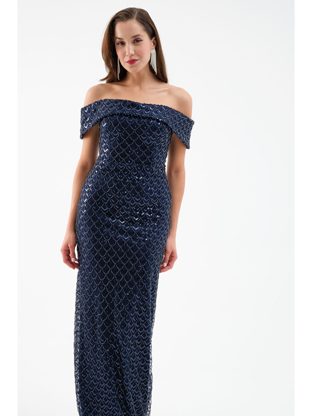 Kadın Lacivert Madonna Yaka Payetli Uzun Abiye Elbise-2