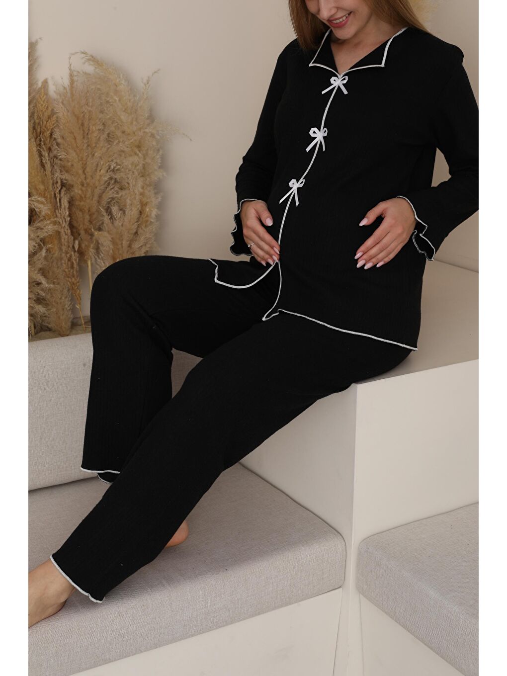 Siyah Hamile ve Lohusa Uzun Kollu Yumoş Kumaş Fiyonklu Bel Ayarlı Pijama Takımı-5