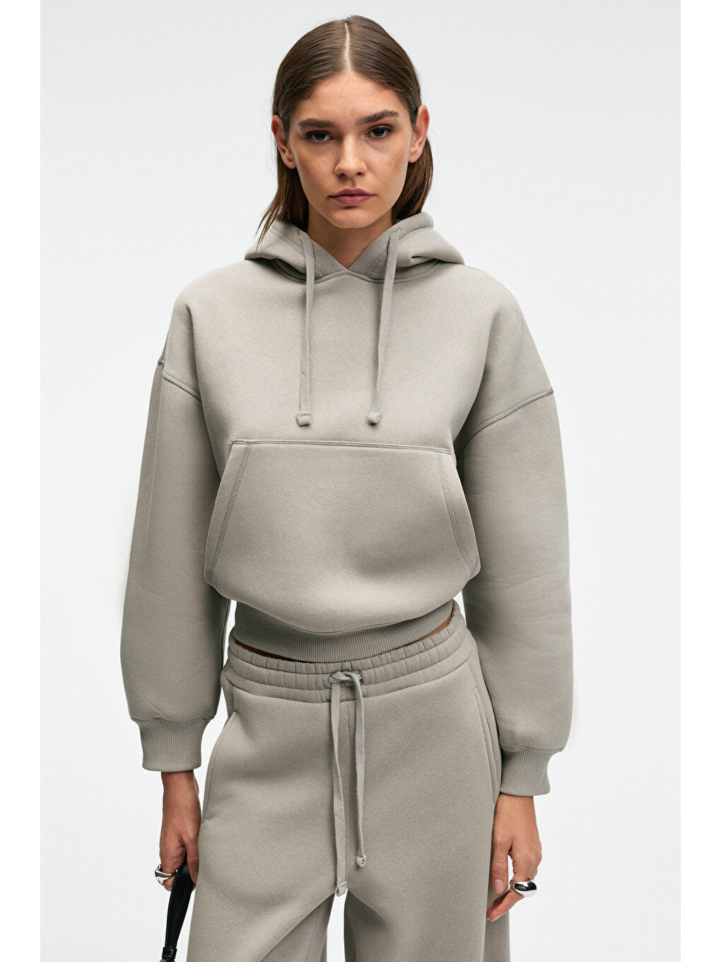 Selene Kadın Kapüşonlu Kangru Cepli Regular Fit Açık Gri Sweatshirt-3