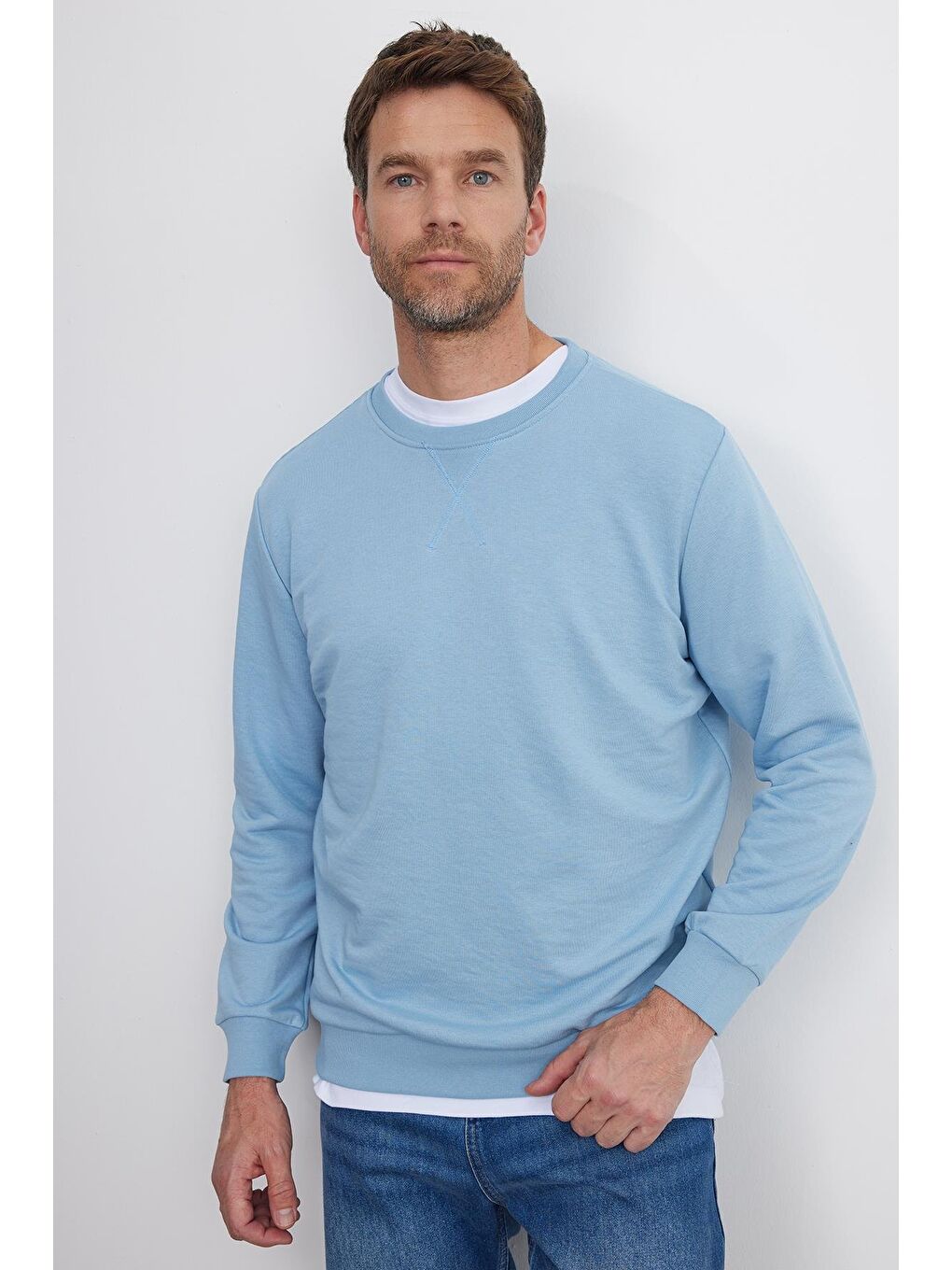 Unisex Relax Fit Rahat Kesim %100 Pamuk Basic Mavi Bisiklet Yaka Sweatshirt