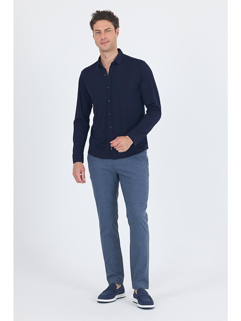 Koyu Lacivert Uzun Kol Düz Örme Polo Yaka Cepsiz Esnek Classic Slim Fit Gömlek 1004250153_200-1
