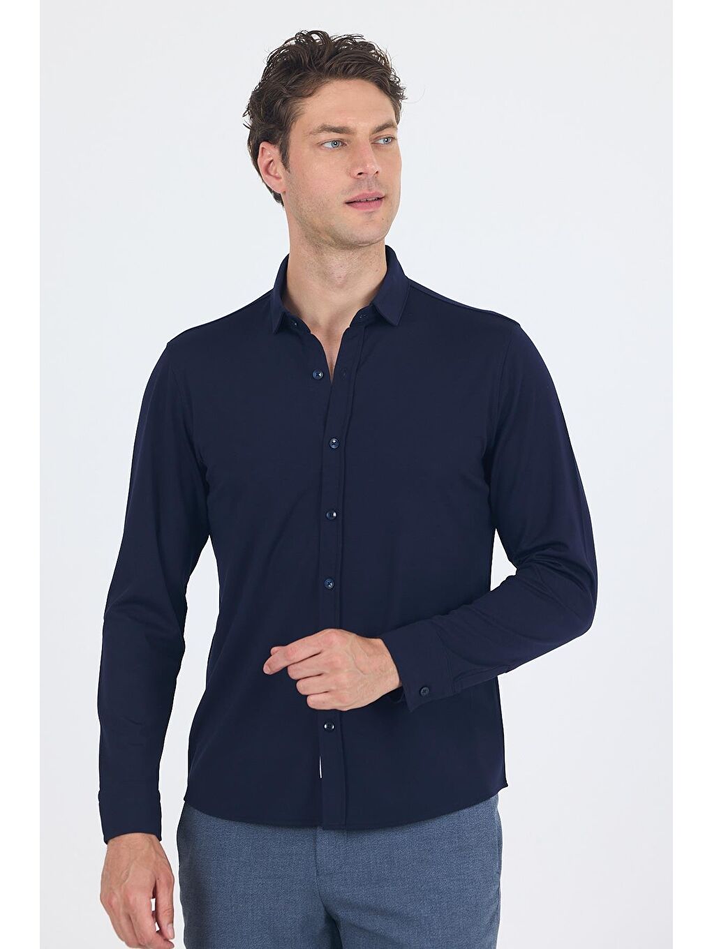 Koyu Lacivert Uzun Kol Düz Örme Polo Yaka Cepsiz Esnek Classic Slim Fit Gömlek 1004250153_200-2