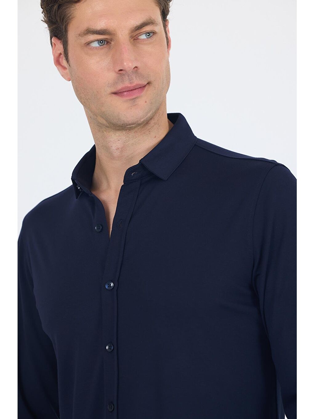 Koyu Lacivert Uzun Kol Düz Örme Polo Yaka Cepsiz Esnek Classic Slim Fit Gömlek 1004250153_200-3