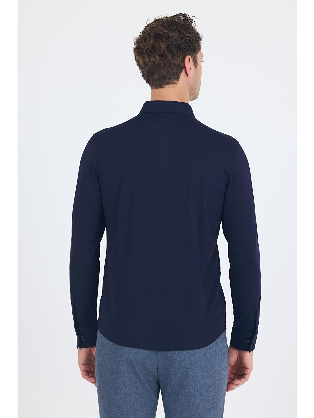 Koyu Lacivert Uzun Kol Düz Örme Polo Yaka Cepsiz Esnek Classic Slim Fit Gömlek 1004250153_200-4