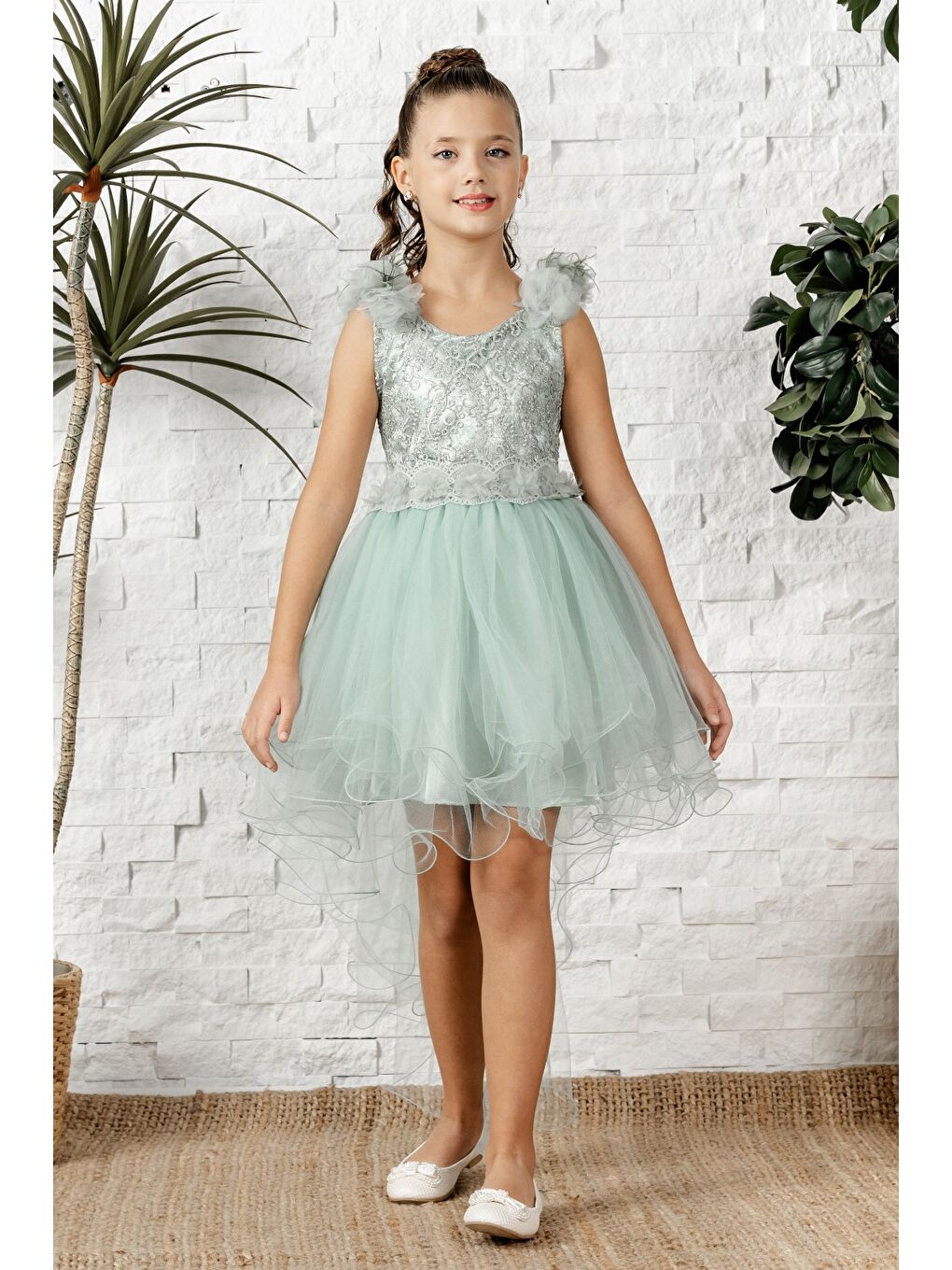 Yeşil Uzun Kuyruk Tütü Passos Kız Çocuk Abiye MNK0586-3