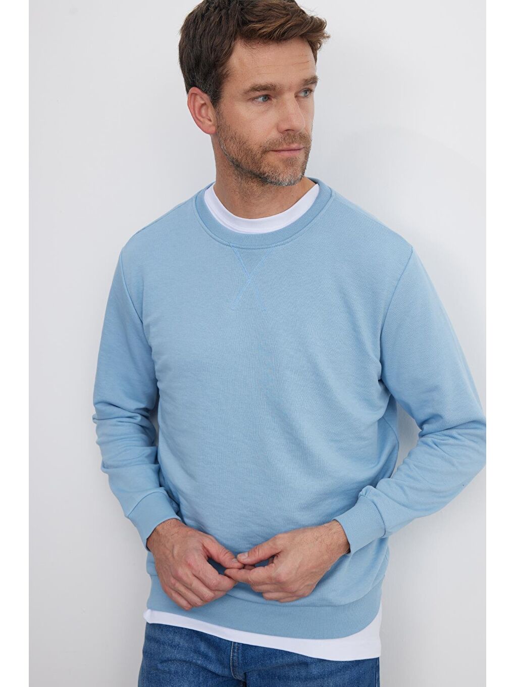 Unisex Relax Fit Rahat Kesim %100 Pamuk Basic Mavi Bisiklet Yaka Sweatshirt-1