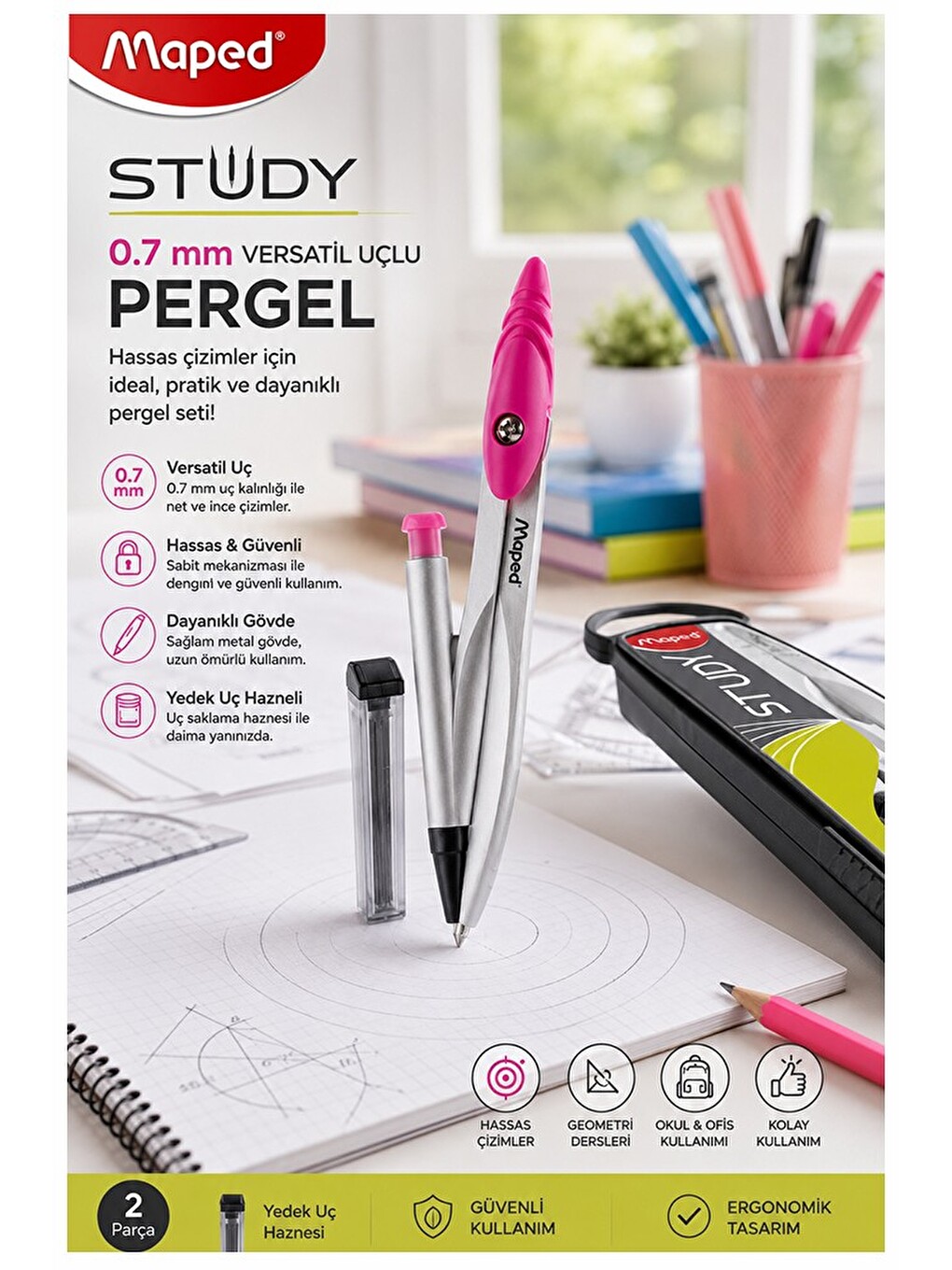 0.7 Uçlu Metal Pergel Pembe 1 Adet 119430 Kutulu Metal Pergel Versatil Uçlu Mekanik Kalem Basm