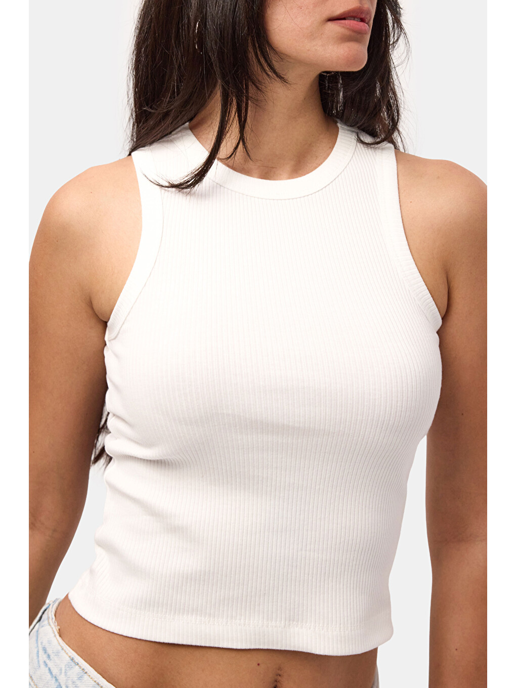 Kadın Ekru s6-101 Sıfır Kol Esnek Kumaş Crop Top-2