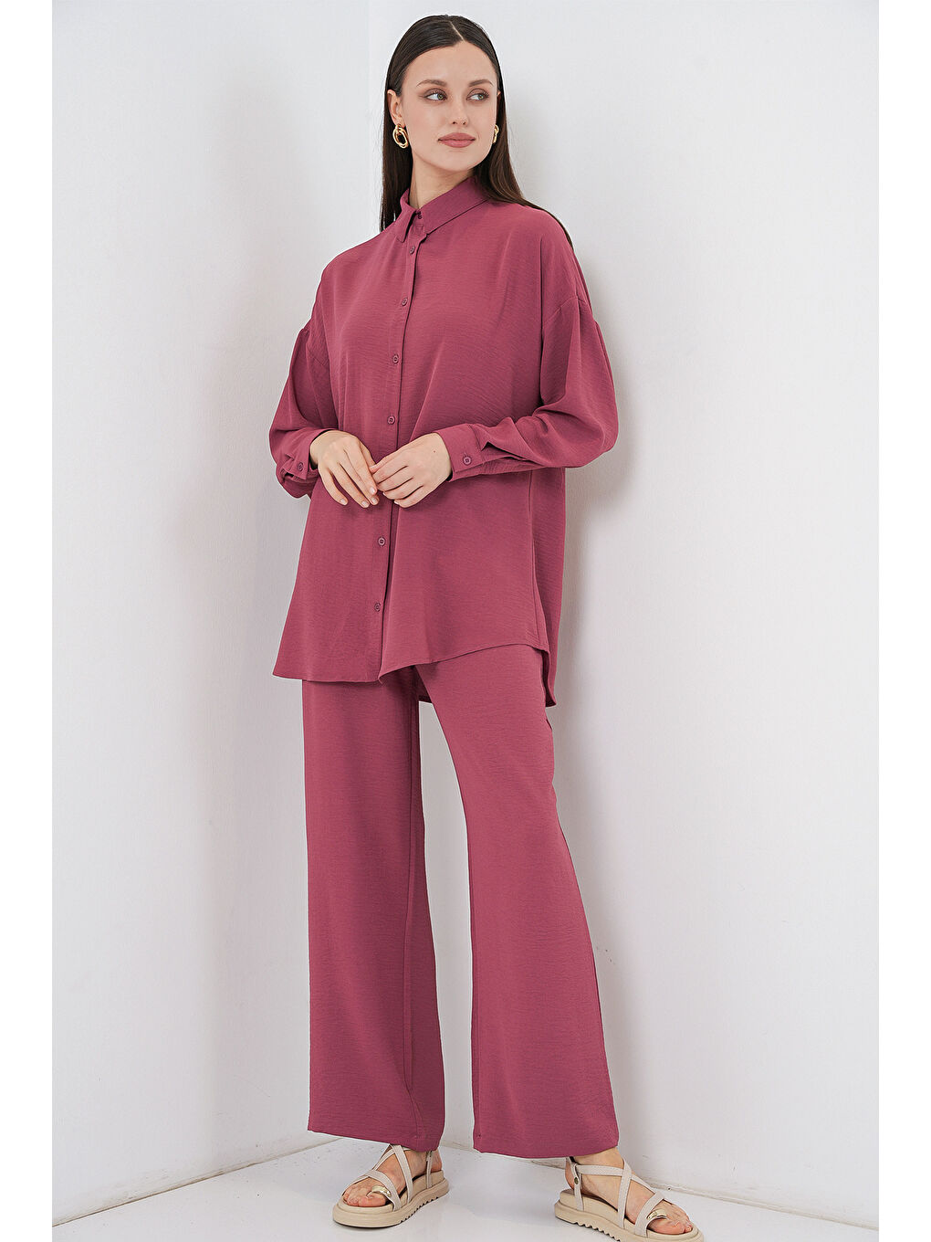 Pembe Kadın Gömlek Pantolon İkili Takım 30063 - Gül Kurusu-4