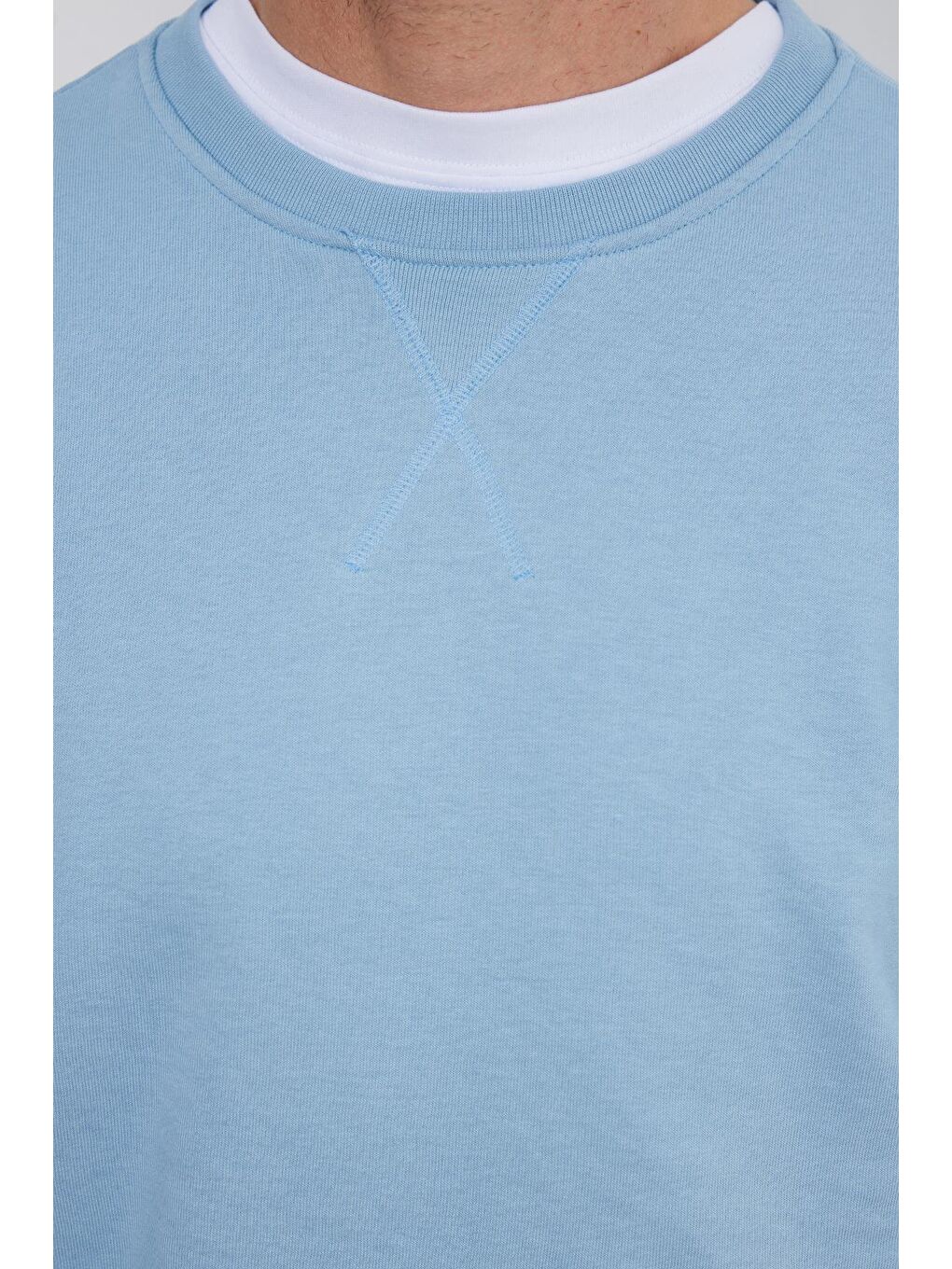 Unisex Relax Fit Rahat Kesim %100 Pamuk Basic Mavi Bisiklet Yaka Sweatshirt-2