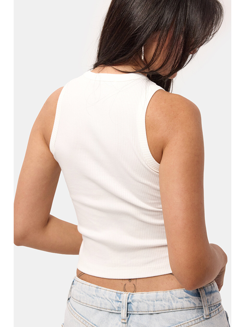 Kadın Ekru s6-101 Sıfır Kol Esnek Kumaş Crop Top-3