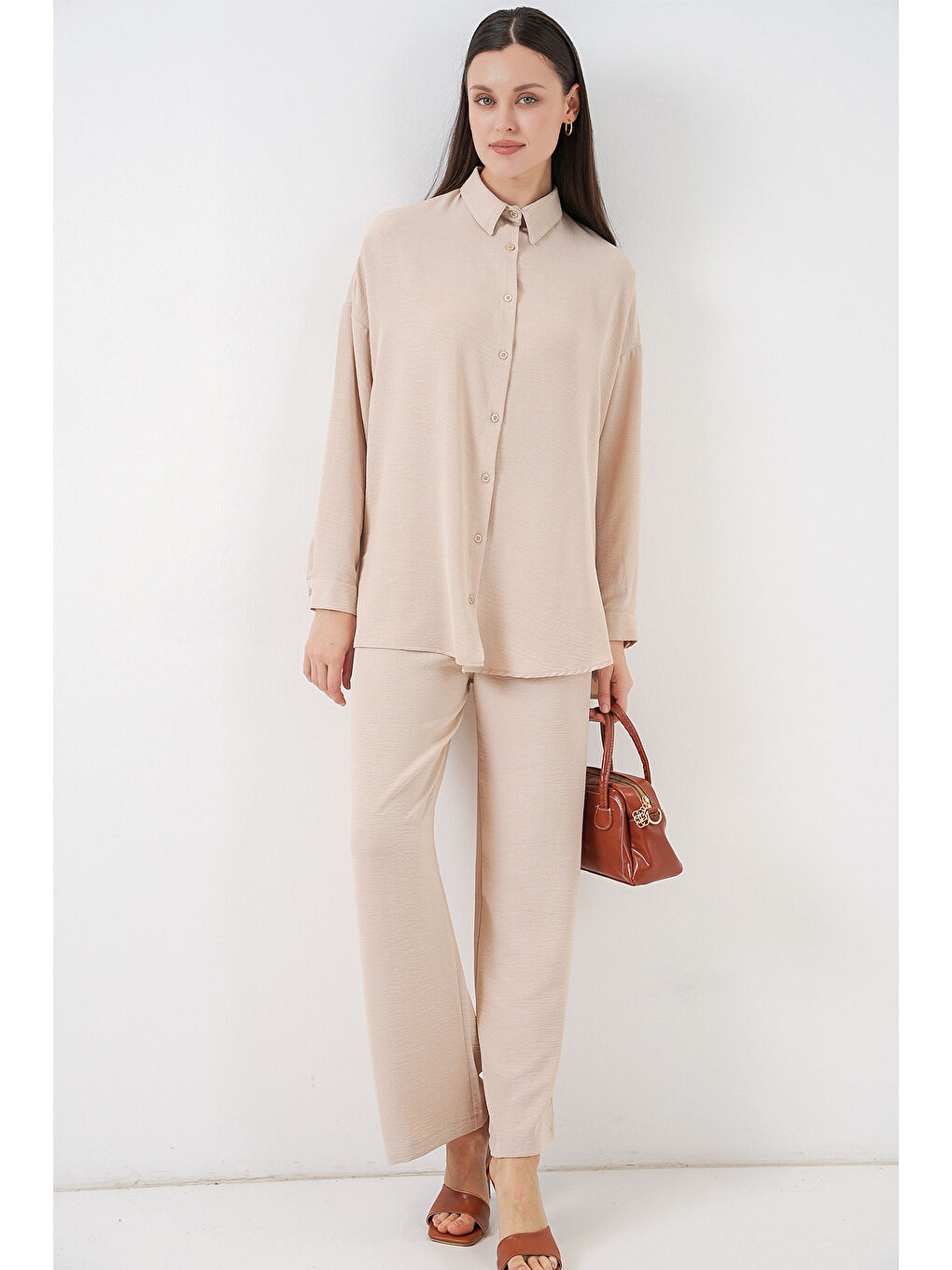 Ekru Kadın Gömlek Pantolon İkili Takım 30063 - Krem-2