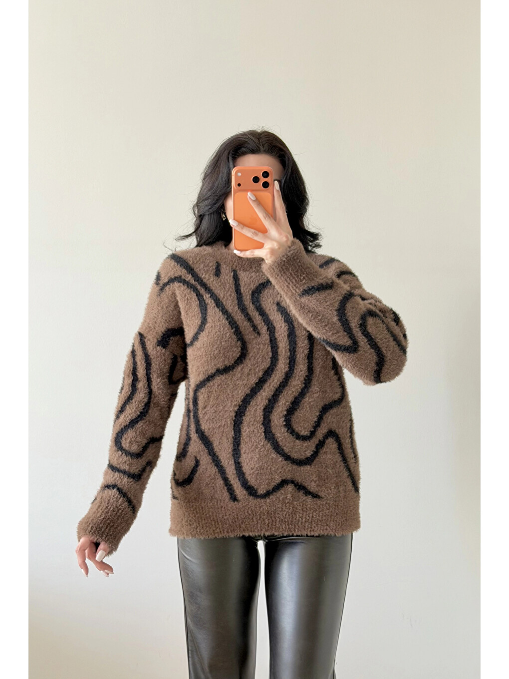 Kahverengi Kadın Kahve Zebra Desen Kazak 1014-2513-3