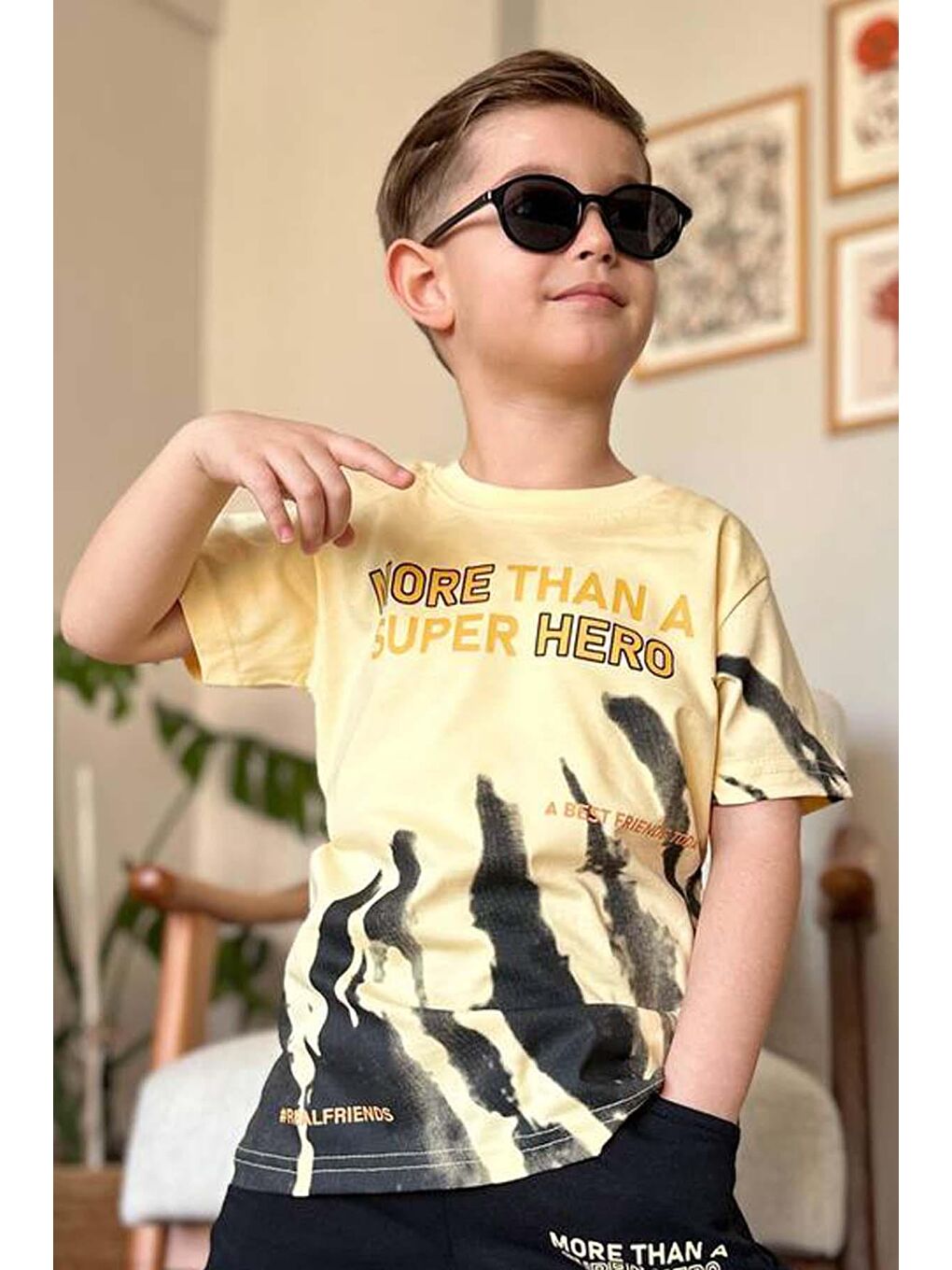 Erkek Çocuk More Than Yazı ve Eskitme Yazı Baskı Detaylı T-Shirt Sarı Eşofman Takım-2