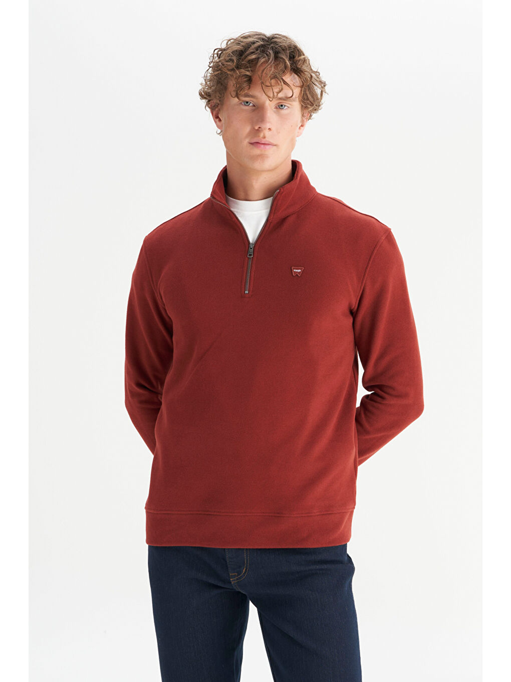 Bordo Pamuklu Regular Fit Dik Yaka Fermuarlı Selanik Örgü Sweatshirt