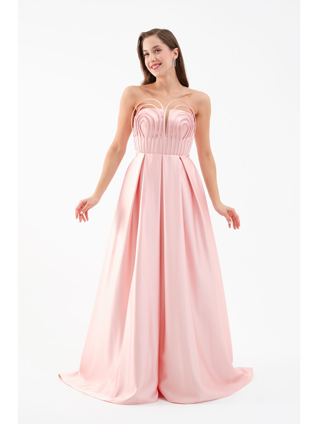 Pembe Kadın Pudra Göğüs Detay Uzun Saten Abiye Elbise-1