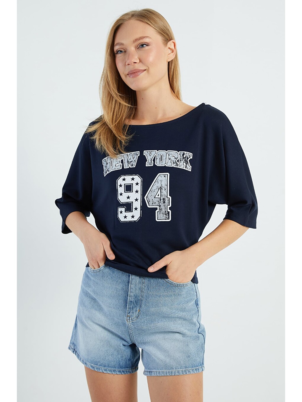 Lacivert New York Baskılı Yarasa Kol Bluz-1