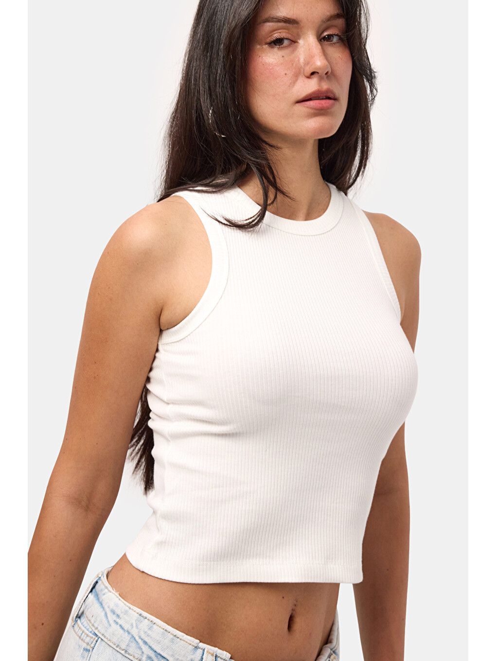 Kadın Ekru s6-101 Sıfır Kol Esnek Kumaş Crop Top-5