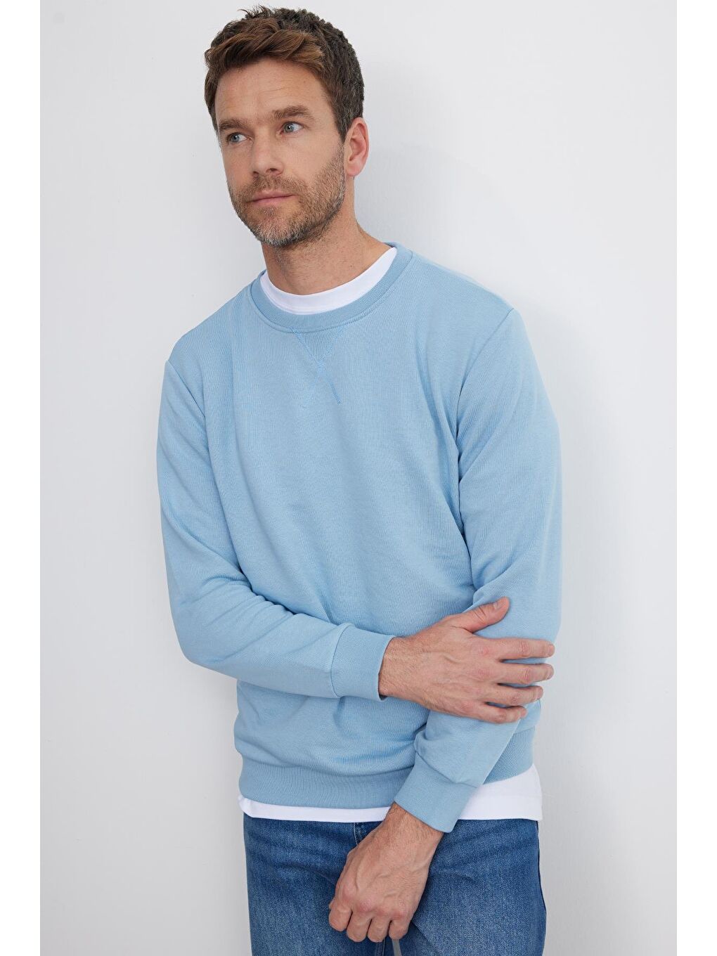 Unisex Relax Fit Rahat Kesim %100 Pamuk Basic Mavi Bisiklet Yaka Sweatshirt-3