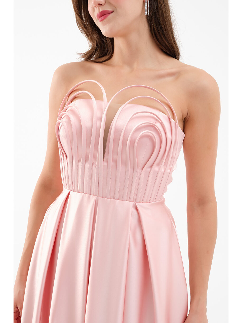 Pembe Kadın Pudra Göğüs Detay Uzun Saten Abiye Elbise-3