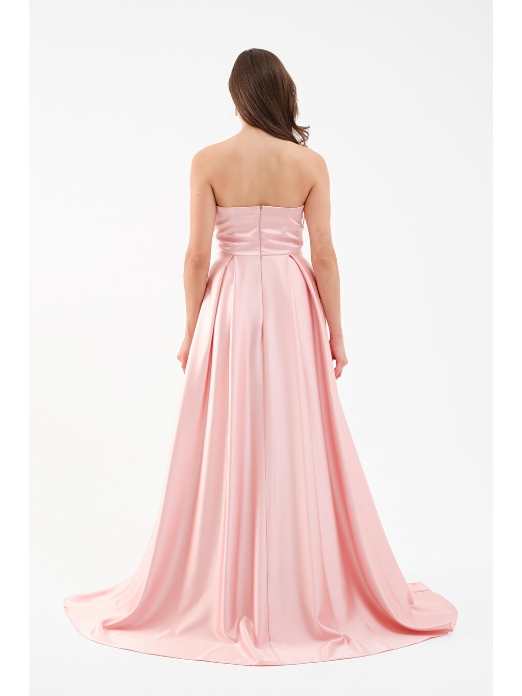 Pembe Kadın Pudra Göğüs Detay Uzun Saten Abiye Elbise-4