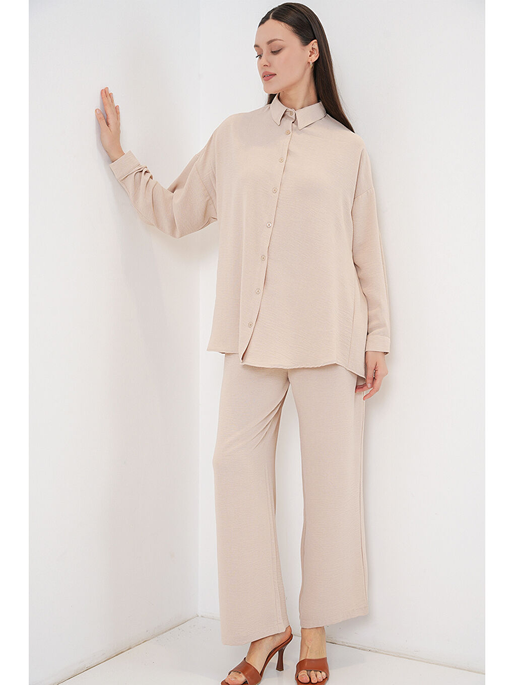 Ekru Kadın Gömlek Pantolon İkili Takım 30063 - Krem-3