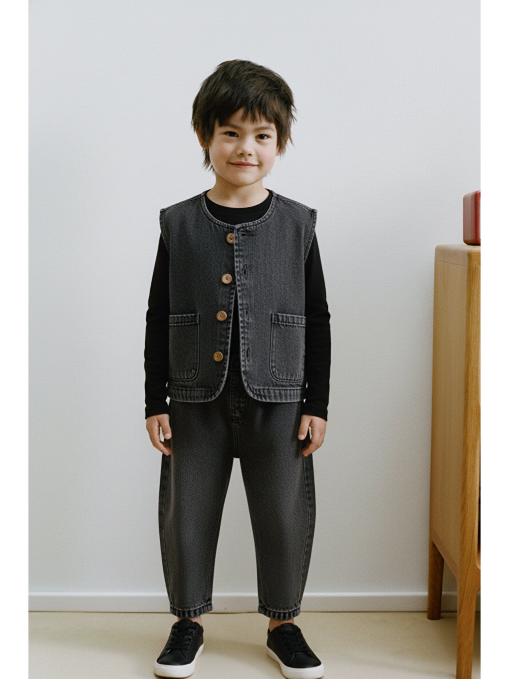 Erkek Çocuk Pamuklu Antrasit Minimal Yelek Ve Pantolon Takım - 2'Li Set