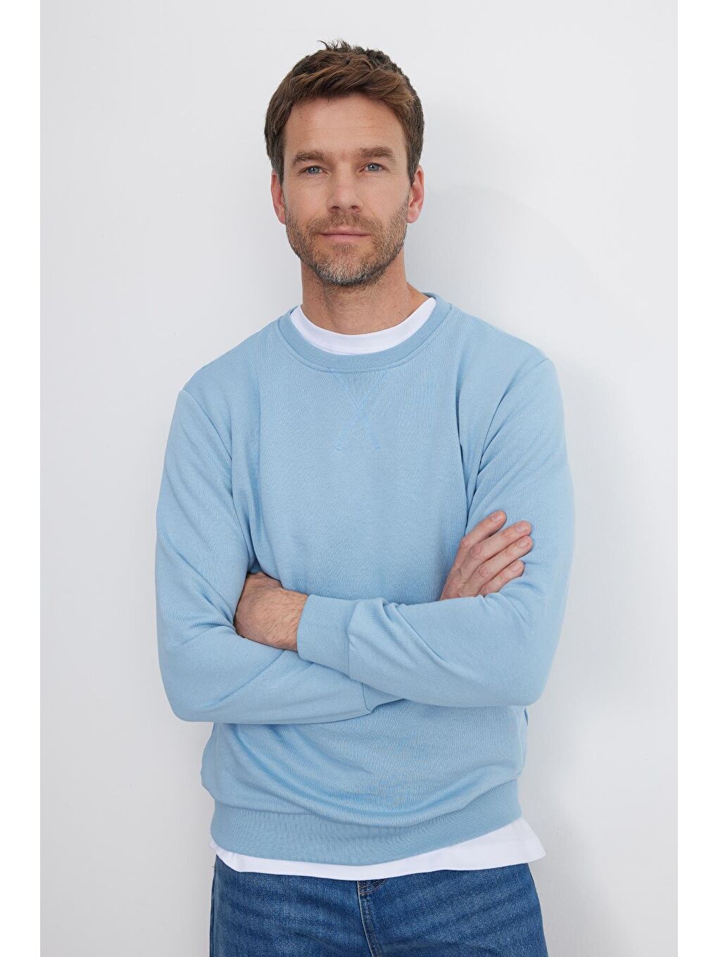 Unisex Relax Fit Rahat Kesim %100 Pamuk Basic Mavi Bisiklet Yaka Sweatshirt-4