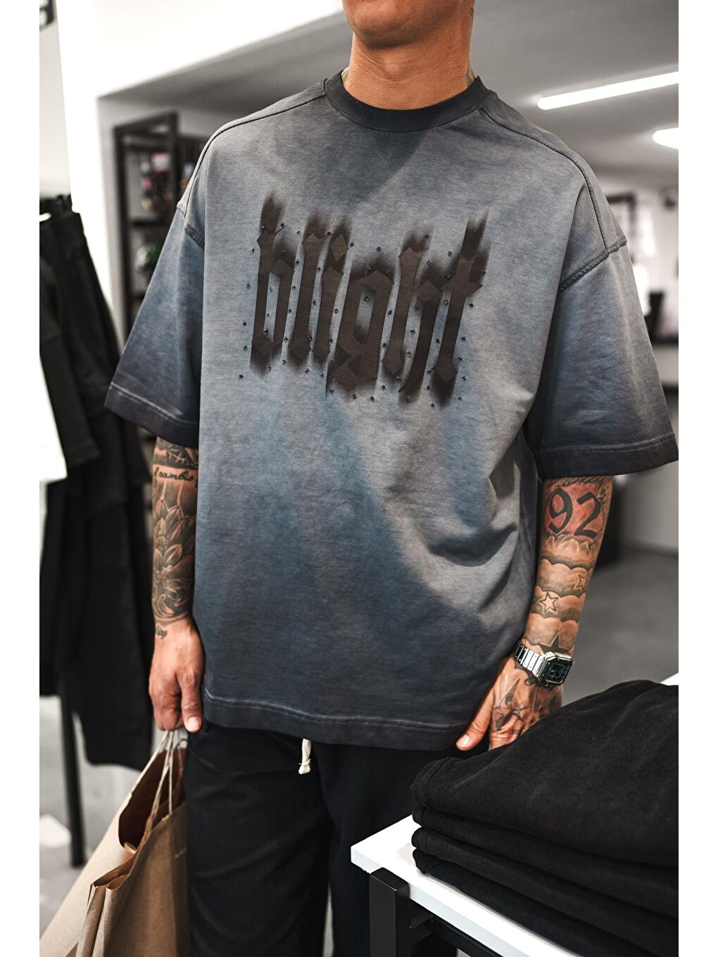 Erkek Baskılı Yıkamalı Oversize T-Shirt Siyah-2