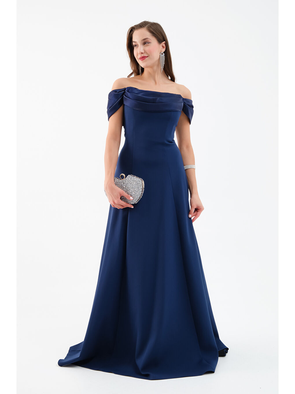 Kadın Lacivert Yaka Detay Söz Nişan Uzun Abiye Elbise