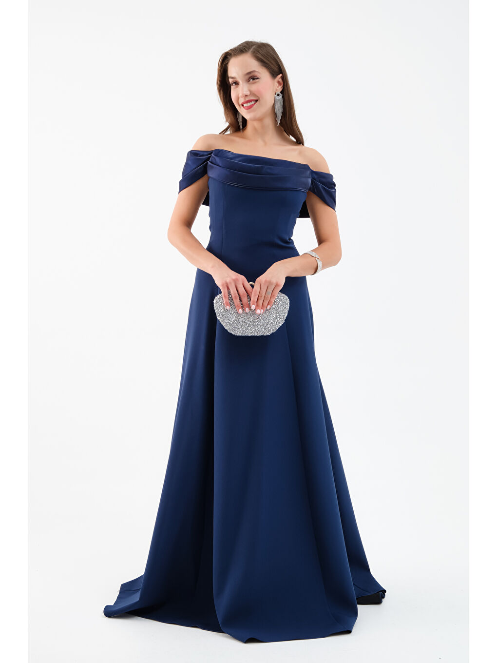 Kadın Lacivert Yaka Detay Söz Nişan Uzun Abiye Elbise-1