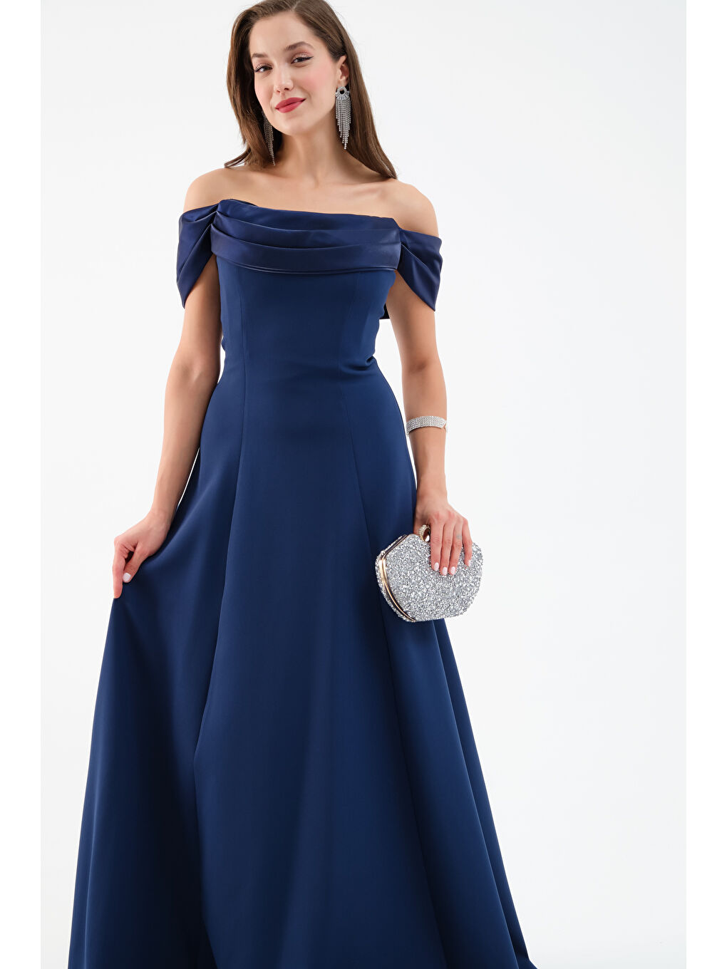Kadın Lacivert Yaka Detay Söz Nişan Uzun Abiye Elbise-2