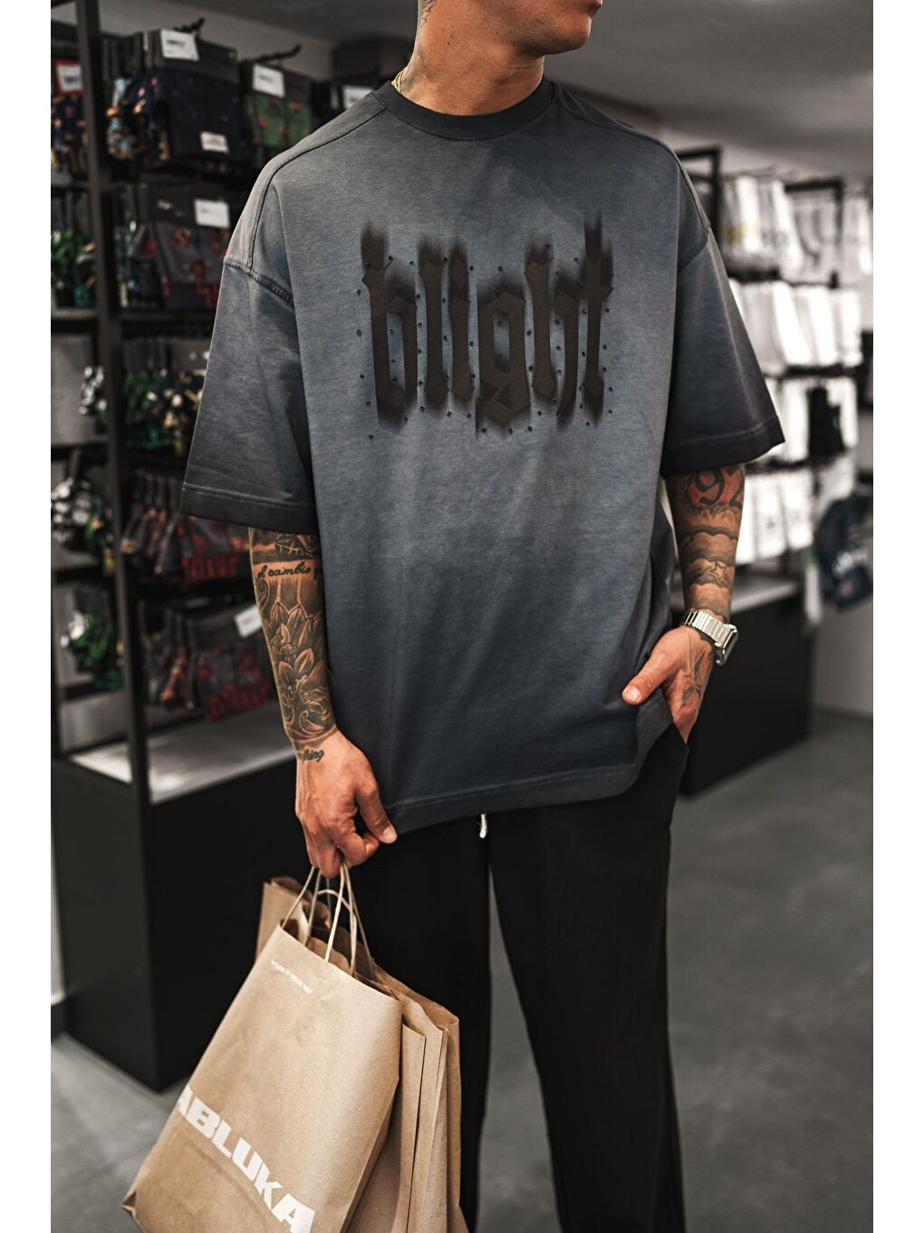 Erkek Baskılı Yıkamalı Oversize T-Shirt Siyah-3