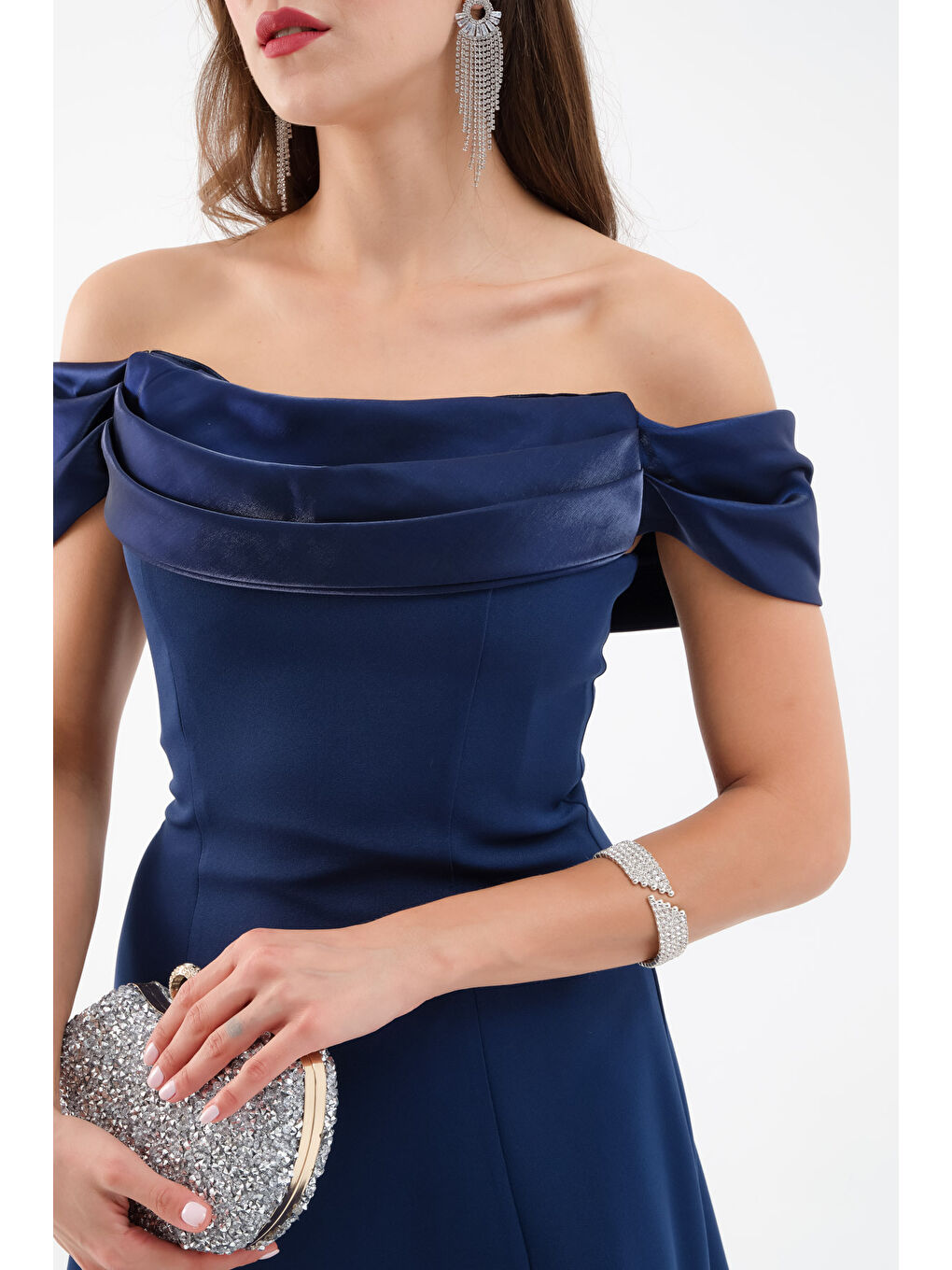 Kadın Lacivert Yaka Detay Söz Nişan Uzun Abiye Elbise-3